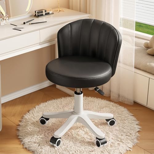 Small Round Rolling Desk Chair Armless Comfy Vanity Computer Chair with Low Backrest PU Leather Height Adjustable Swivel Work Spa Chair - color: Black, style: Set of 1 with backrest