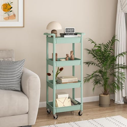 MIOCASA Utility Rolling Cart with Detachable Tray Top, 4-Tier Kitchen Storage Organization, Art Cart with Wheels for Office, Classroom, Living Room, Kitchen, Bathroom, Green, Plastic - size: 4-Tier, style: Green