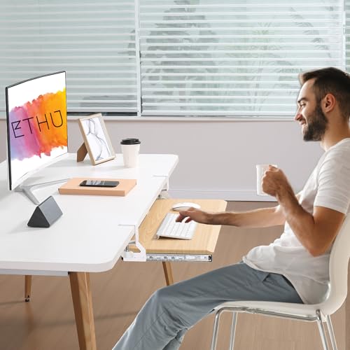ETHU Small Keyboard Tray Under Desk with Metal Rail, 19.7x11.8", Oak | Slide Out Ergonomic Keyboard Drawer, Pull Out Keyboard Tray for Home Office Desk, Suitable Max Desk Thickness 1.96" - color: Oak