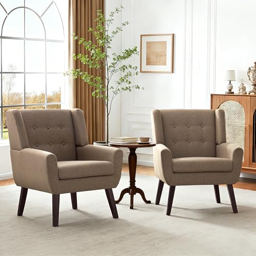 HUIMO Living Room Chairs Set of 2,Upholstered Button Linen Accent Chair | Mid Century Fabric Modern Armchair,Comfy Arm Club Sofa Chairs for Living Room Reading Bedroom,Waiting Room Brown 2PCS - color: Brown