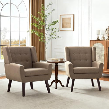 HUIMO Living Room Chairs Set of 2,Upholstered Button Linen Accent Chair | Mid Century Fabric Modern Armchair,Comfy Arm Club Sofa Chairs for Living Room Reading Bedroom,Waiting Room Brown 2PCS - color: Brown
