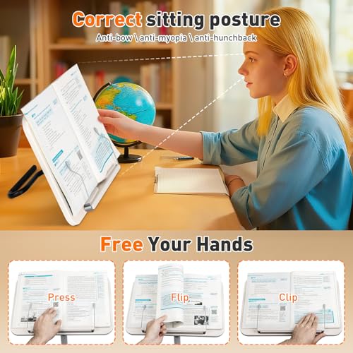 2-in-1 Floor Standing Book Stand, Foldable Book Holder for Reading with Page Clips, 19"–51" Height Adjustable, Sturdy Podium Stand for Reading, Bible, Laptop, Cookbooks, or Projector - size: (White）Higher with U-shaped