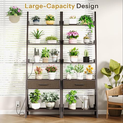Ladder Shelf, 5 Tier Bookshelf with Fabric Drawer, Power Outlets, Espresso | 70" Industrial Leaning Bookshelf with USB Fast Charging, Wooden Book Shelf for Bedroom Living Room Home Office, Space Saving