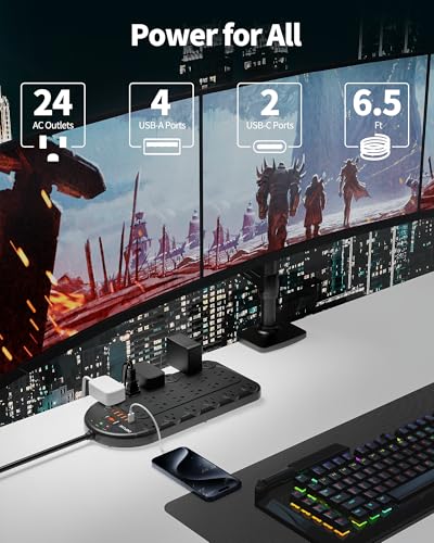 6.5 FT Extension Cord, 24 Outlet Surge Protector with 6 USB for Home Office | ETL Listed, 3400 Joules, Wide Spaced for Bulky Plugs, 6.5FT Cord Keeps Desk Tidy, Flat Plug, Mountable, Black, for PC Gaming - size: 6.5 FT
