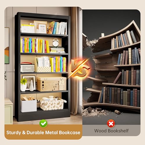 5-Tier Bookcase with Adjustable Storage Shelves, Heavy Duty Bookcase, Metal Bookshelf with Book Stopper, Black Bookcase Shelf for Library, Office, Living Room - color: Black
