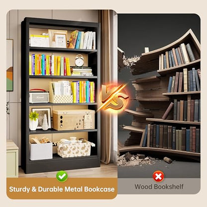 5-Tier Bookcase with Adjustable Storage Shelves, Heavy Duty Bookcase, Metal Bookshelf with Book Stopper, Black Bookcase Shelf for Library, Office, Living Room - color: Black