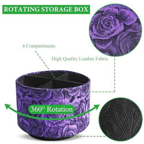 Round Leather Art Supply Organizer,Remote Control Holder,360 Degree Rotating,Multi-Functional Pencil Holder,4 Compartments Desktop Stationary Organizer(1-3D Rose Purple) - color: 1-3D Rose Purple