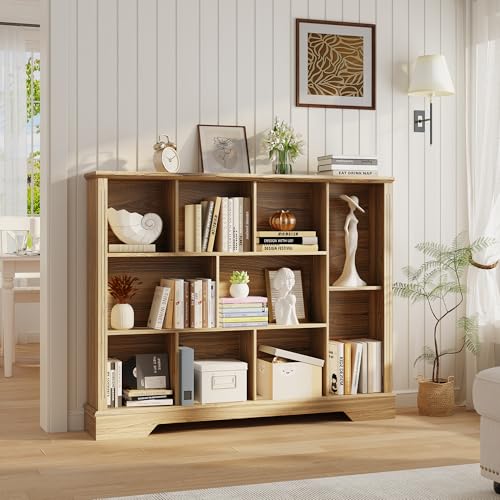 10-Cube Storage Organizer Bookshelf, 4-Tier Wooden Bookcase with Adjustable Shelf, Sturdy Cube Storage Shelf for Small Spaces, Modern Low Profile Shelving Unit for Living Room & Bedroom
