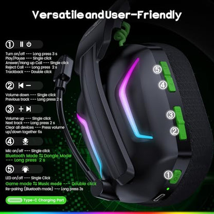 WESEARY Wireless Gaming Headsets for PC, PS5, PS4, Switch, Mac, 2.4GHz Wireless Gaming Headphone with ENC Noise Canceling Microphone, Bluetooth 5.4, Cool Lighting, 50H Battery, 50mm Drivers - color: Cool Black