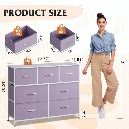 WLIVE 7 Drawer Dresser TV Stand, Entertainment Center, Media Console Table with Metal Frame and Wood Top for TV up to 45 inch, Chest of Drawers for Bedroom, Living Room, Purple - color: Purple