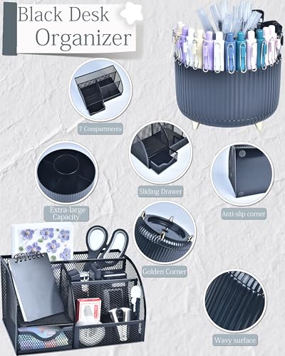 Black Desk Accessories and Organizers with Desk Organizer and 360°Rotating Pen Holder stapler Pen and a Lot of Office Black Office Supplies Beautifully Presented in a Gift Box - color: Black
