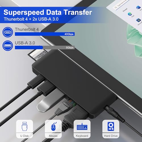 Surface Pro 13/11/10/9 Hub Docking Station with 4K HDMI, Thunerbolt 4(8K Video+40Gbps+100W PD), 100M Ethernet, USB 3.0, 3.5mm Audio, SD/TF Card Slot - USB C Hub Adapter for Surface Pro 11/Pro 10/Pro 9 - color: Black