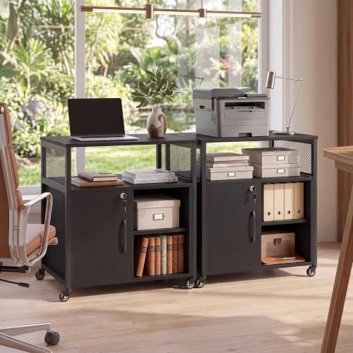 Rolling File Cabinet, Printer Stand with Charging Station (Black) | Mobile Lateral Filing Cabinet | Adjustable Shelf & Metal Frame | Lockable Wheels | For Home Office & Small Space - color: Black