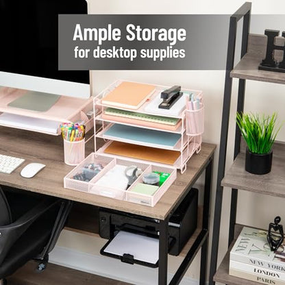 Mind Reader Mesh Desk Organizer, 3 Trays, 1 Drawer, 2 Pen Holders, Office Desktop Organizer, Metal Mesh, Pink - color: Pink