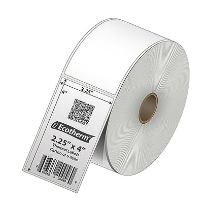 2.25" x 4" Thermal Labels | 6 Rolls | 4200 Labels | fits Zebra, Munbyn, Rollo, Godex, Arkscan, iDPRT, Offnova Thermal Label Printers and More | Blank White Adhesive Stickers by Ecotherm - size: 2.25 x 4 - 4200 Labels
