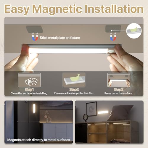 Rechargeable Under Cabinet Llighting Wireless Motion Sensor, 2 Pack | Magnetic 8 Inch Closet Lights Battery Operated 3 Color Dimmable, for Kitchen Counter Stairs