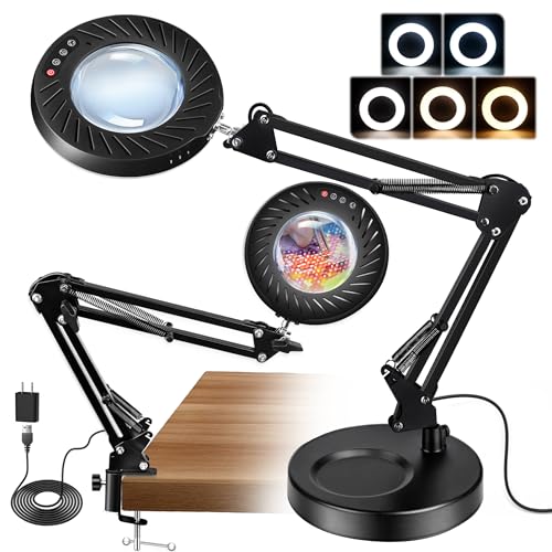 Akynite 12X Magnifying Glass with Light and Stand,5 Color 9 Levels Dimmable | Hands Free, Flexible Robot Arm, USB, with Adapter, Dual Base, 144 LED, Real Glass Magnifying Desk Lamp for Craft Close Work