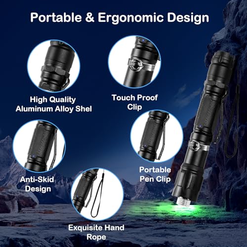 2-Pack Green Laser Pointers, Type-C Rechargeable with Pocket Clips | Single-dot and removable star cap, wrist strap, for outdoor journeys, camping, presentations and TV/LED/LCD screens