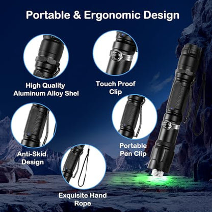 2-Pack Green Laser Pointers, Type-C Rechargeable with Pocket Clips | Single-dot and removable star cap, wrist strap, for outdoor journeys, camping, presentations and TV/LED/LCD screens