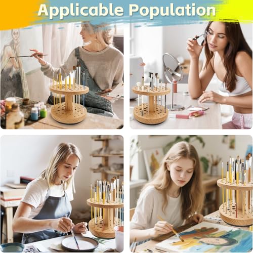 Rotating Paint Brush Holder, 360° Smooth Rot Hardwood Artist Organizer - color: Yellow（52 Holes）