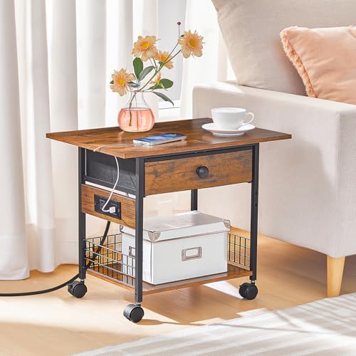 HOOBRO Printer Stand with Charging Station, 2-Tier Printer Cart, Under Desk Printer Table with Power Outlet, Wheeled Printer Table with Fabric Drawer, for Home Office, Rustic Brown and Black BF56UPS01