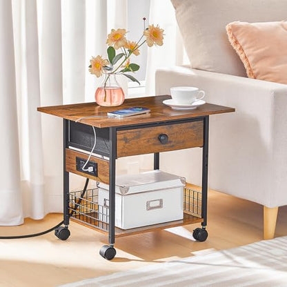 HOOBRO Printer Stand with Charging Station, 2-Tier Printer Cart, Under Desk Printer Table with Power Outlet, Wheeled Printer Table with Fabric Drawer, for Home Office, Rustic Brown and Black BF56UPS01