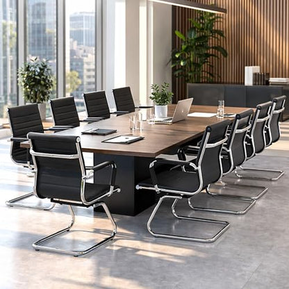 Conference Room Chairs Set of 8, Faux Leather Office Guest Chairs with Arms, Reception & Waiting Room Seating, No Wheels Meeting Chairs with Mid Back Support and Chrome Sled Base, Black - color: Black, size: 8PCS