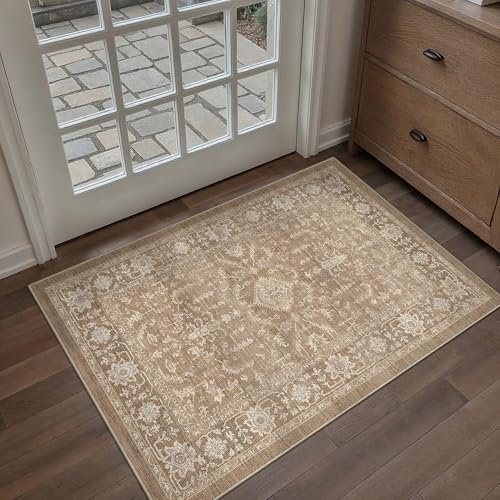 2x3 Brown Entryway Rug Vintage Area Carpet Indoor Kitchen Washable Door Mat Entrance Small Low Pile Traditional Distressed Retro Accent Throw Boho Rug Non Slip Office Bathroom
