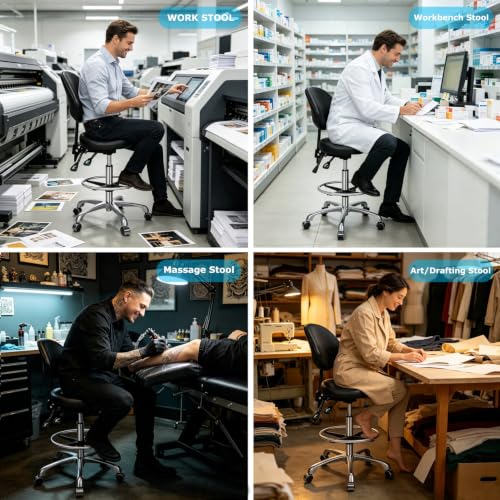 Kaleurrier Rolling Saddle Chair with Back Support: Heavy Duty Stools - color: Black, size: With Back & Footrest