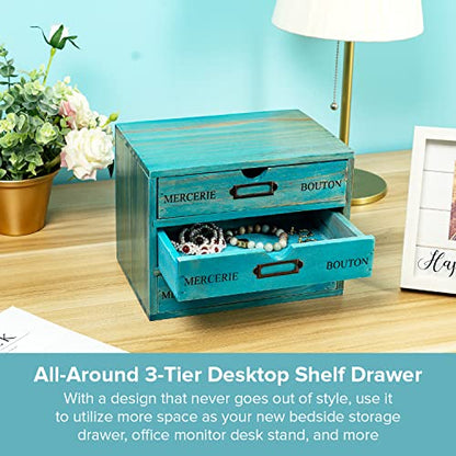 Turquoise 3-Tier Drawer Unit - European Country Style Desk Organizer Box - 9.7x7x7.5" Wooden Teal Stackable Drawers - Countertop Organizer Drawers w/Label Holder - Triple File Drawer Unit - style: 3 Drawer I 7.5"