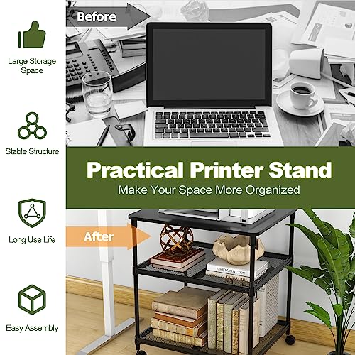 Giantex Printer Stand, 3-Tier Industrial Printer Cart with Lockable Wheels, Adjustable Shelves, Metal Frame, Mobile Under Desk Shelf for Home Office, Printer Table Fit Fax Machine, Scanner (Black) - color: Black, size: 24"x20"x27.5"
