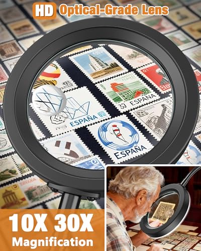 30X 10X Magnifying Glass with Light and Stand, 5 Color Modes Stepless Dimmable, Optical Grade HD Lens, LED Lighted Magnifier Hands Free with Flexible Gooseneck for Close Work, Craft, Hobby, Painting - color: Black, size: 4.3in-16in & Base
