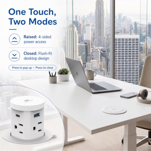 2.4" Pop Up Countertop Outlet, 30W USB-C & Wireless Charger | Fits 2.4 in (60mm) grommet holes, 4 AC outlets, 2 USB-C 30W, 2 USB-A 18W, 15W wireless charging and 1.5m cord, White - color: White