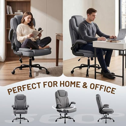 Ergonomic Office Chair, PU Leather High Back Executive Chair with Adjustable Inflatable Lumbar Support and Padded Flip-Up Arms, Recline Swivel Task Computer Chair for Home Office, Gray - color: Grey
