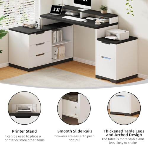 MaverickFurni L Shaped Desk with Drawers and Shelves, Home Office Desk with File Drawer for Work Writing Study, Corner Desk with Monitor Stand and Printer Shelf, White and Black