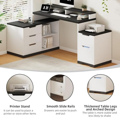 MaverickFurni L Shaped Desk with Drawers and Shelves, Home Office Desk with File Drawer for Work Writing Study, Corner Desk with Monitor Stand and Printer Shelf, White and Black