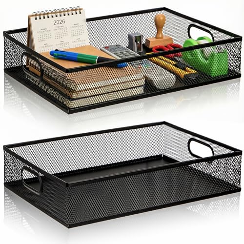 Elsjoy 2 Pack Desk Drawer Organizer Tray, Metal Mesh Desktop Storage Tray Office File Organizer with Handle, Portable Large Storage Basket for Office Supplies, Craft, Magazine, Paper