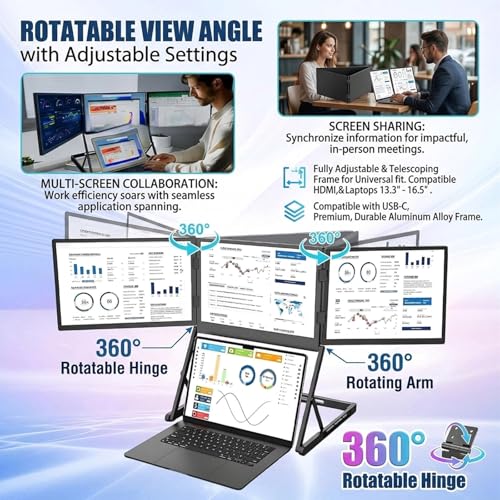 Triple Aero 15.6 Pro Max 3 Screen Monitor with 1080p FHD IPS Display, Ideal for Presentations and Remote Work, with 360° Rotation Adjustable Viewing Angles