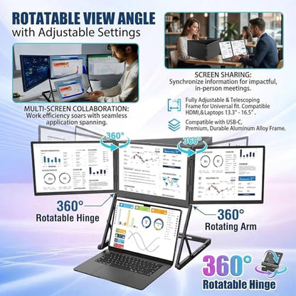 Triple Aero 15.6 Pro Max 3 Screen Monitor with 1080p FHD IPS Display, Ideal for Presentations and Remote Work, with 360° Rotation Adjustable Viewing Angles