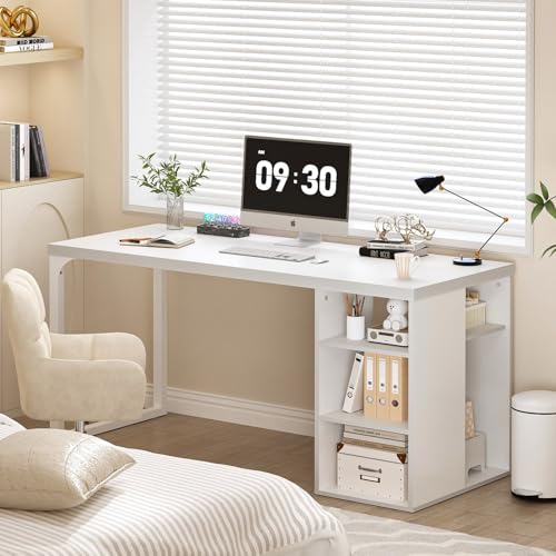 EXCEFUR White Computer Desk with Storage Shelves, Modern Home Office Desk, Reversible Wood and Metal Writing Study Table Workstations for Living Room Bedroom, 53 Inch - color: White