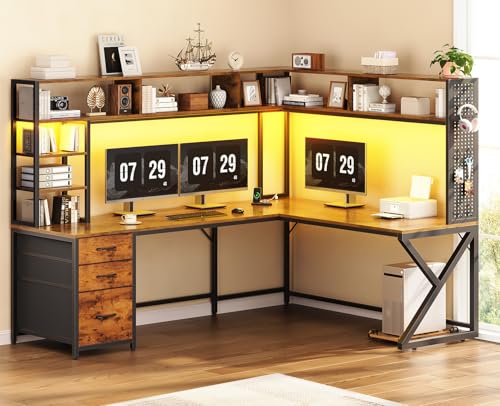 SEDETA L Shaped Computer Desk with Hutch, 3 Drawers, Shelves | Convertible 94.5" Home Office Desk with File Drawer, Power Outlet, LED Lights, Storage and Pegboard, Brown - color: Brown