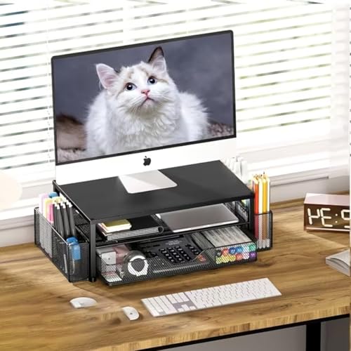 2 Tier Metal Monitor Stand Riser with Drawer, Desk Organizer with 2 Pen Holders Ergonomic Computer Stand for Office Home Dorm