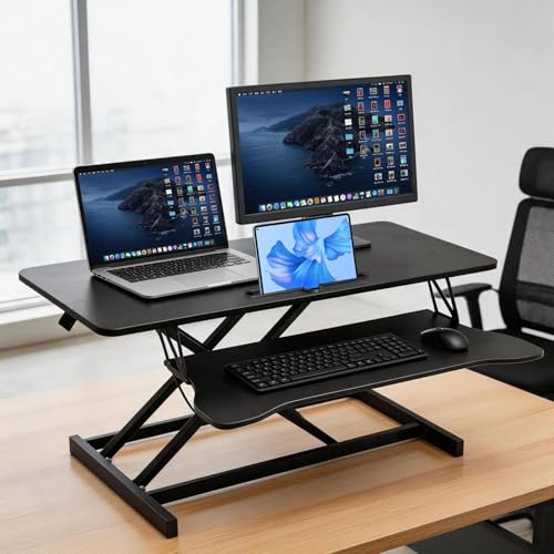 37 Inch Standing Desk Converter, Height Adjustable Desktop Standing Desk, Stand Up Riser Compatibles with 2 Computer, Stand Up Converter Laptop Workstation to 18.8" Tall, Black - color: Black