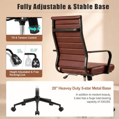 Okeysen Leather Office Desk Chair, Mid-Century Modern Leather Conference Room Chairs, Ergonomic Executive Ribbed Height Adjustable Swivel Rolling Chair for Home Office. - color: Reddish Brown