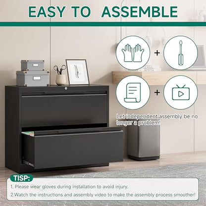 2 Drawer File Cabinet with Lock,Lateral File Cabinet,35.4" W Metal File Cabinets for Home Office,Hanging Files Letter/Legal/F4/A4 Size (Black-Assembly Required) - color: Black, size: 2 Drawer-Lateral-36"W