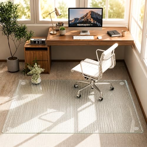 46"X56" Tempered Glass -Glass Chair Mat, Heavy Duty Hard Floor Mat for Home | Heavy Duty Hard Floor Mat with Round Corner and Polished Edge, Embossed Chair Mat for Carpet Office Home Hardwood Floor Desk - color: Transparent, size: 56"L x 46"W
