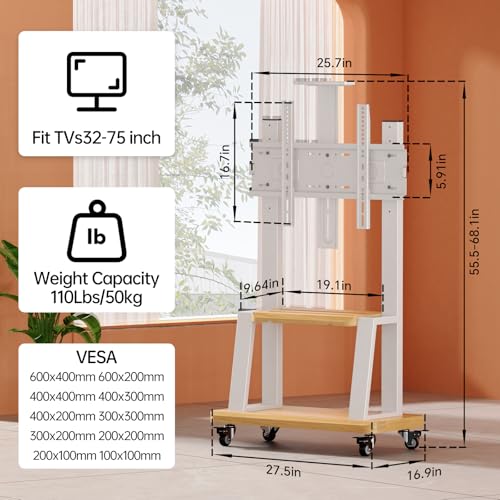 Mobile TV Stand on Wheels for 32-75 Inch TVs | With Top Projector tray& 2-Tier Storage Height Adjustable Heavy-Duty Holds up to 180lbs,Max VESA 600 * 400mm - color: White