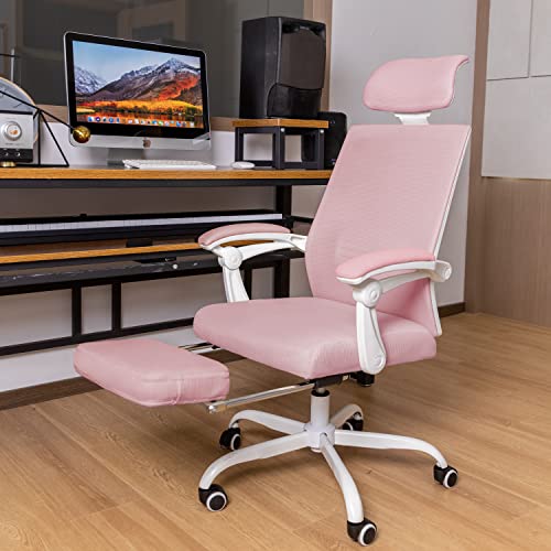 Qulomvs Mesh Ergonomic Office Chair with Footrest Home Office Desk Chair with Headrest and Backrest Adjustable Computer Executive Desk Chair with Wheels 360 Swivel Task Chair - color: Pink With Footrest 2