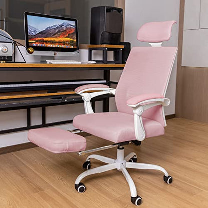 Qulomvs Mesh Ergonomic Office Chair with Footrest Home Office Desk Chair with Headrest and Backrest Adjustable Computer Executive Desk Chair with Wheels 360 Swivel Task Chair - color: Pink With Footrest 2