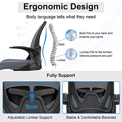 Office Chair Ergonomic Desk Chair with Flip up Armrests Swivel Breathable Desk Mesh Computer Chair with Adjustable Lumbar Support and Height for Conference Room (Dark Gray) - color: Dark Gray